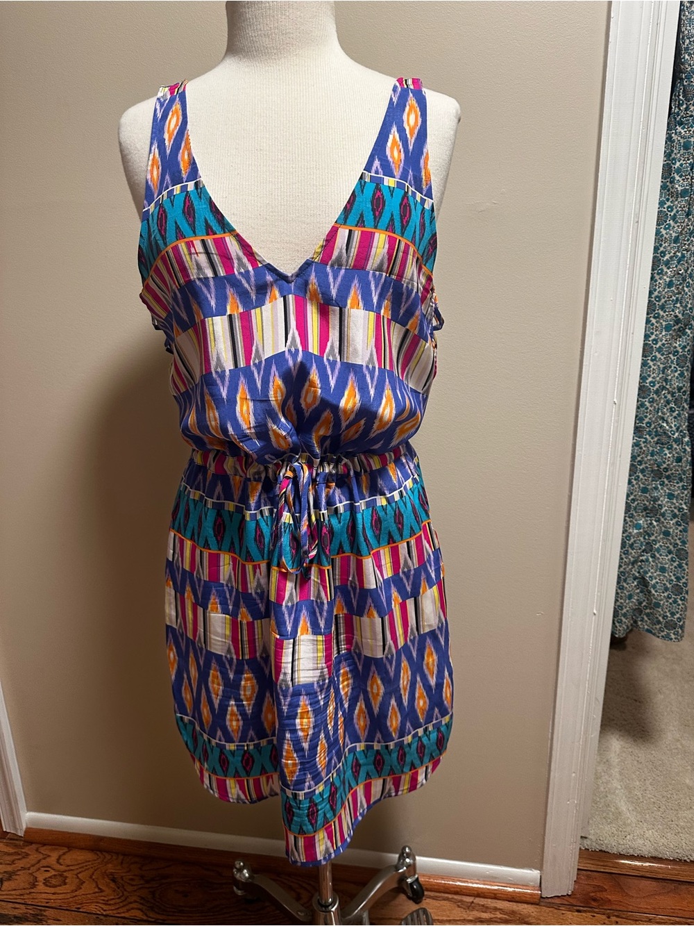 Rory Beca Multicolor V-Neck Drawstring Mini Dress